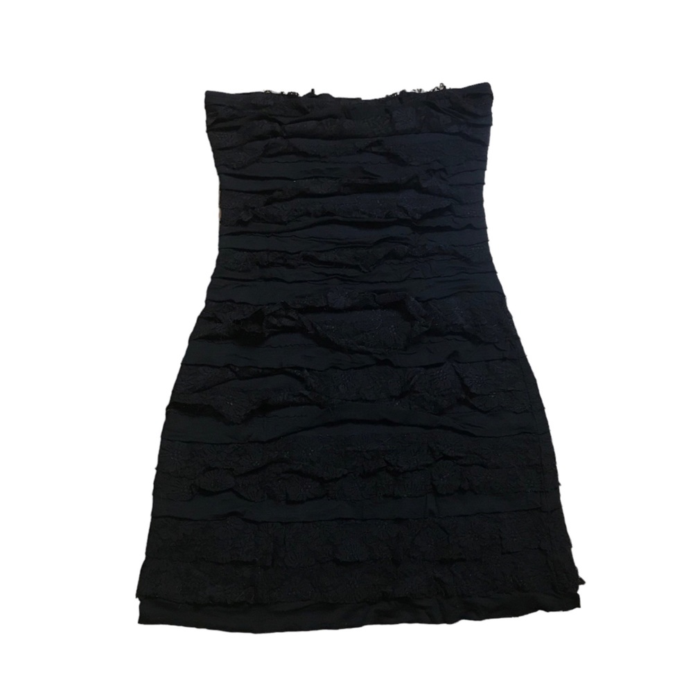 Express little black dress lace ruffle layer strapless mini Dress XS - Picture 2 of 7